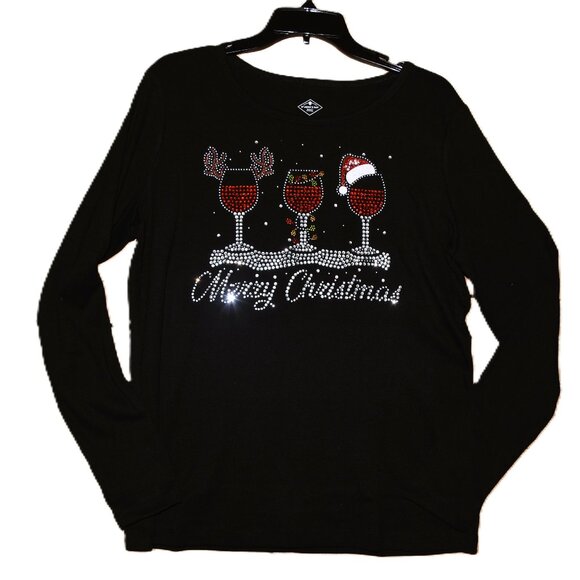 Christmas Wine Glasses rhinestone bling long sleeved shirt XS S M L XL XXL 1X… - Picture 2 of 8